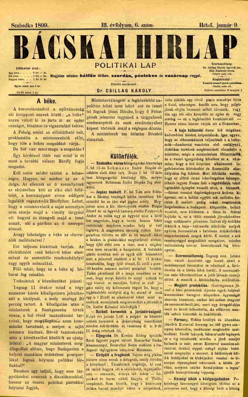 Bácskai Hirlap, 3. évf. 1899. január 9. 6. sz.