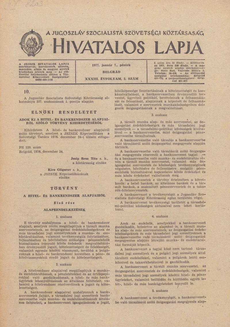 A Jugoszláv Szocialista Szövetségi Köztársaság Hivatalos Lapja, 33. évf. 1977. január 7. 2. sz. 13–100. oldal