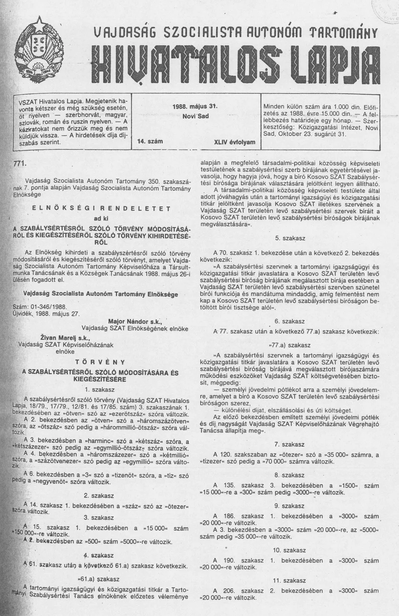 Vajdaság Szocialista Autonóm Tartomány Hivatalos Lapja, 44. évf. 1988. május 31. 14. sz.