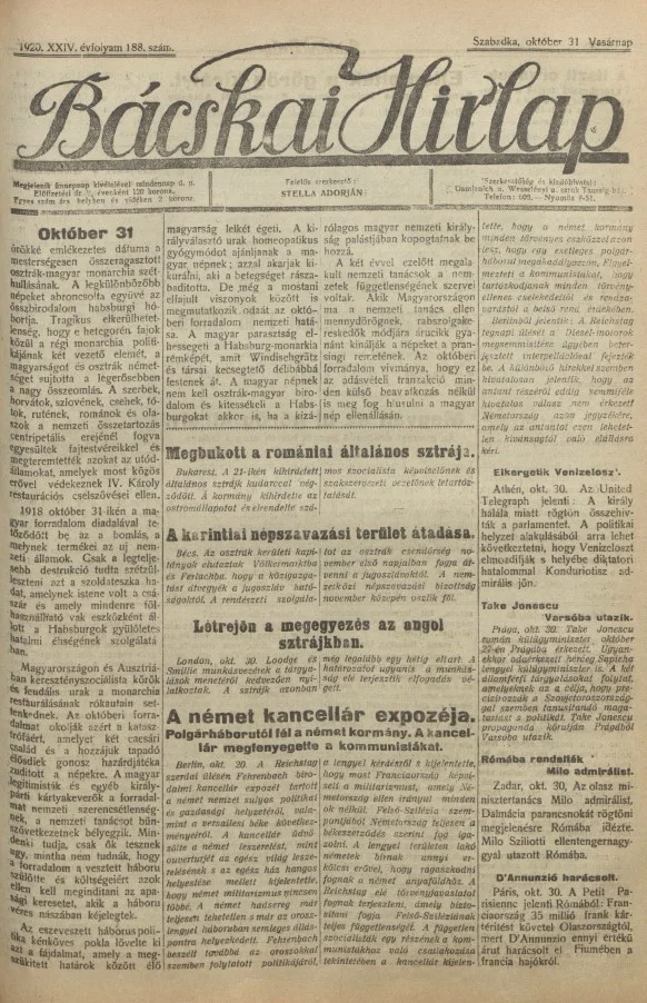 Bácskai Hirlap, 24. évf. 1920. október 31. 188. sz.