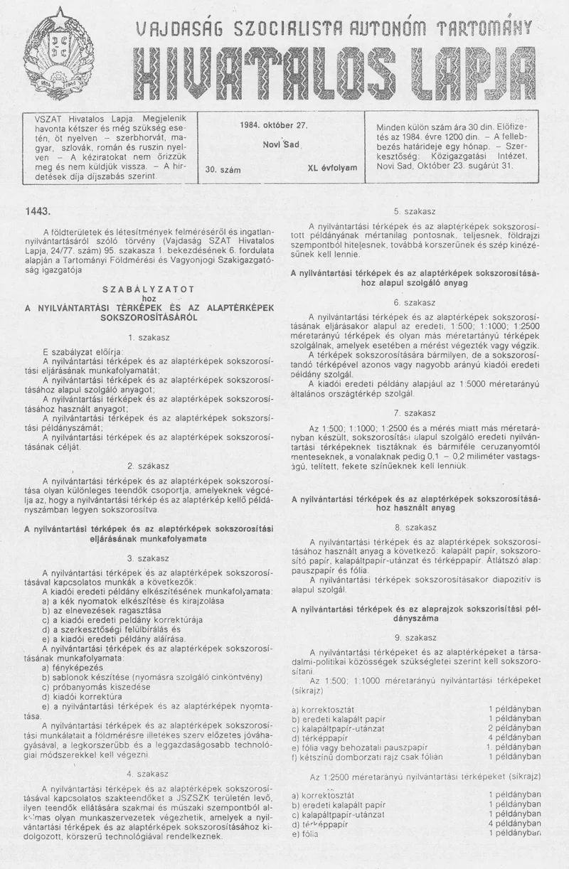 Vajdaság Szocialista Autonóm Tartomány Hivatalos Lapja, 40. évf. 1984. október 27. 30. sz.