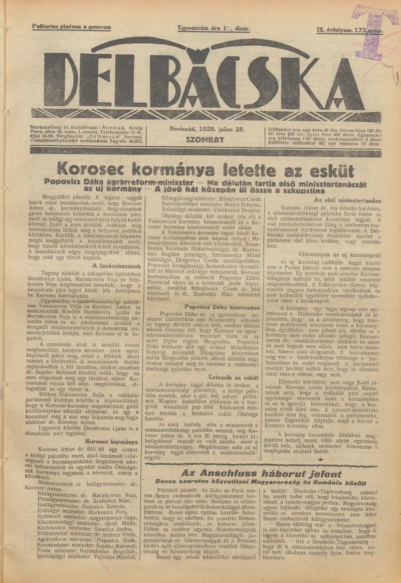 Délbácska, 9. évf. 1928. július 28. 173. sz.