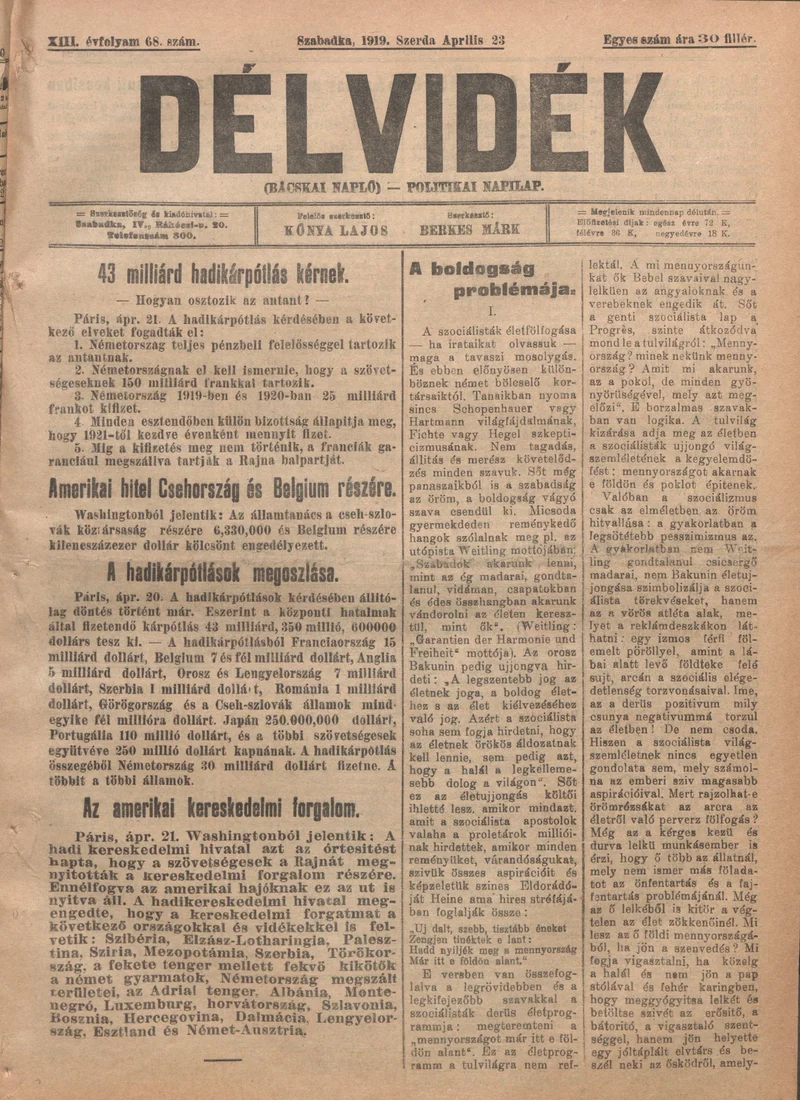 Délvidék, 13. évf. 1919. április 23. 68. sz.
