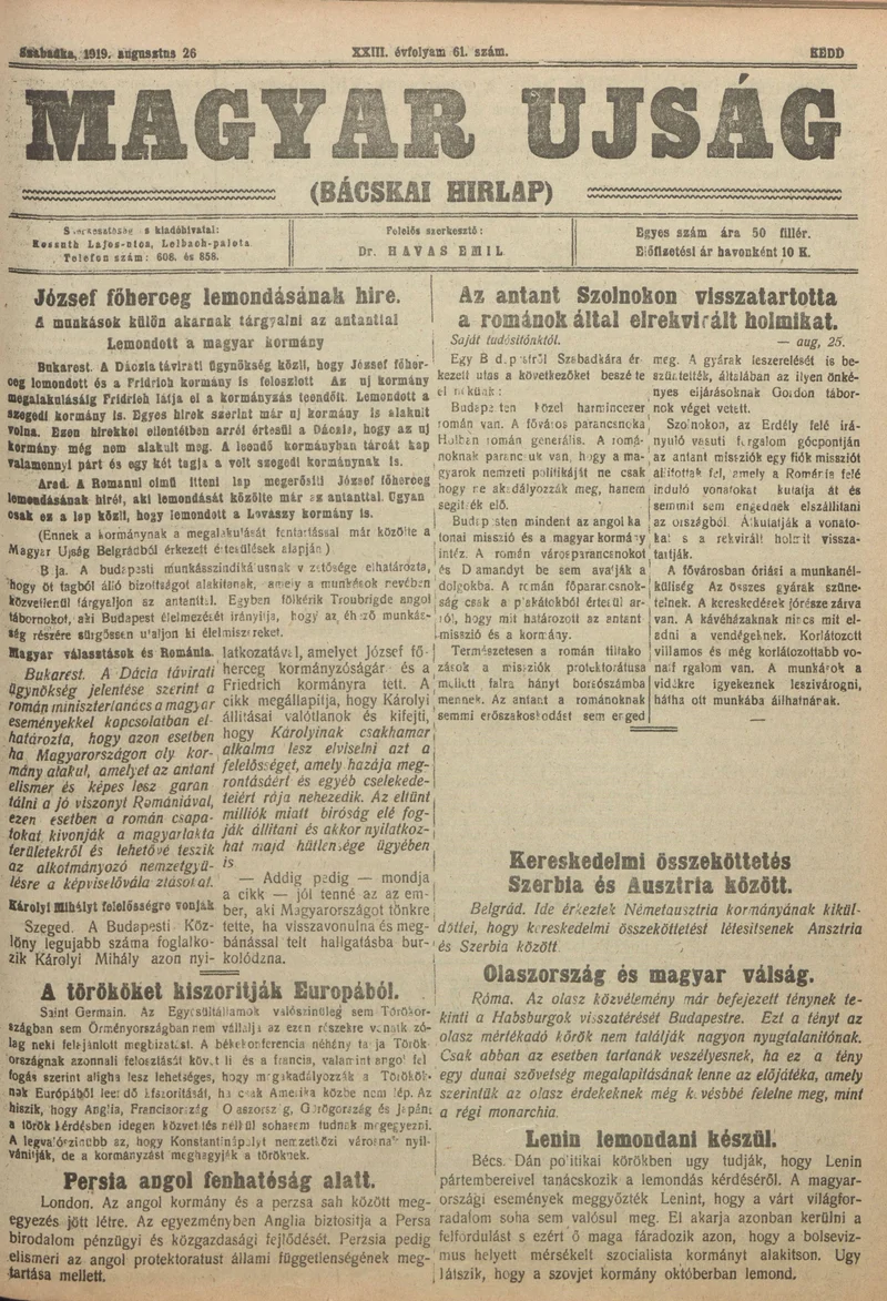 Bácskai Hirlap, 23. évf. 1919. augusztus 26. 61. sz.