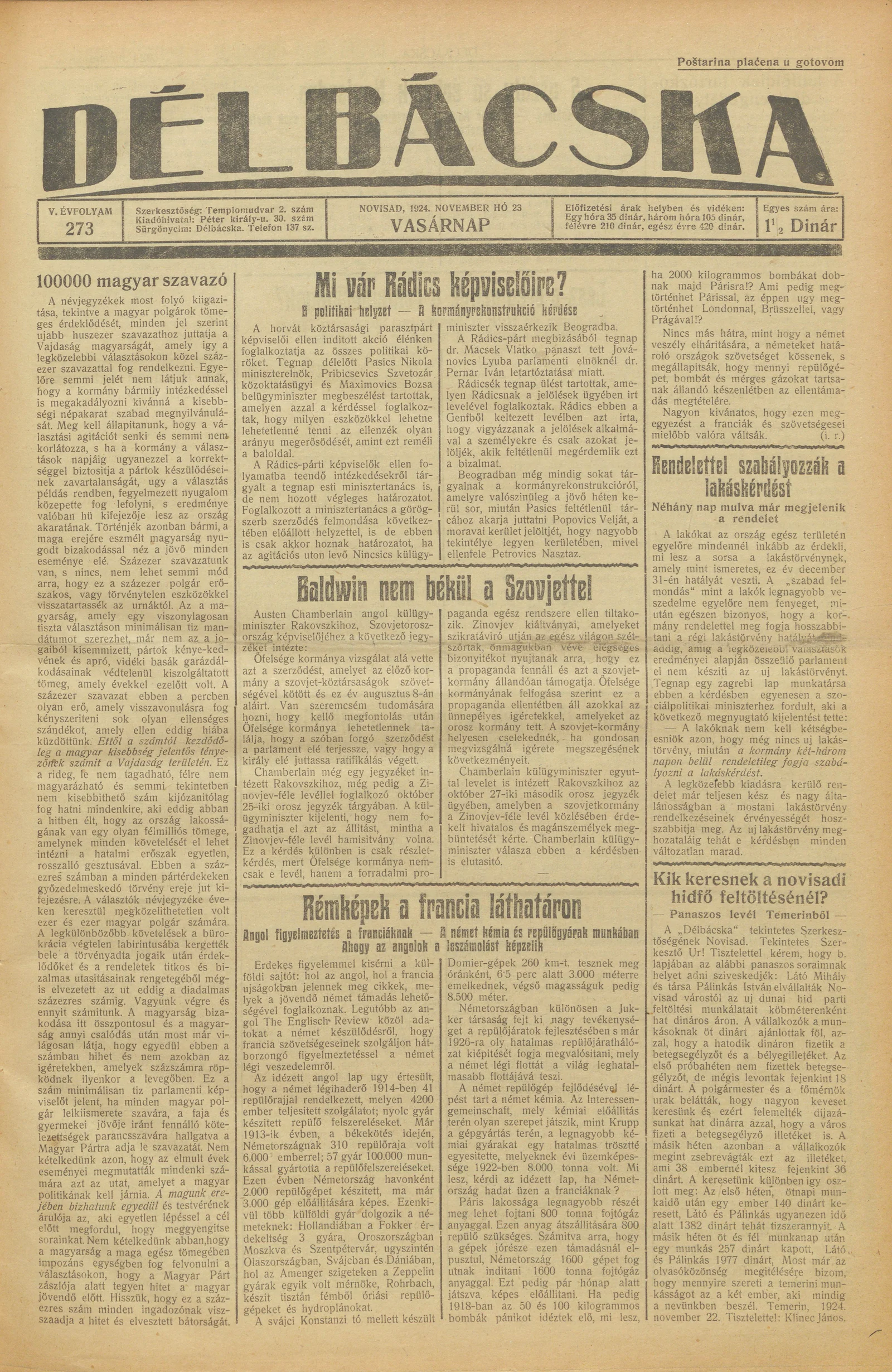 Délbácska, 5. évf. 1924. november 23. 273. sz.