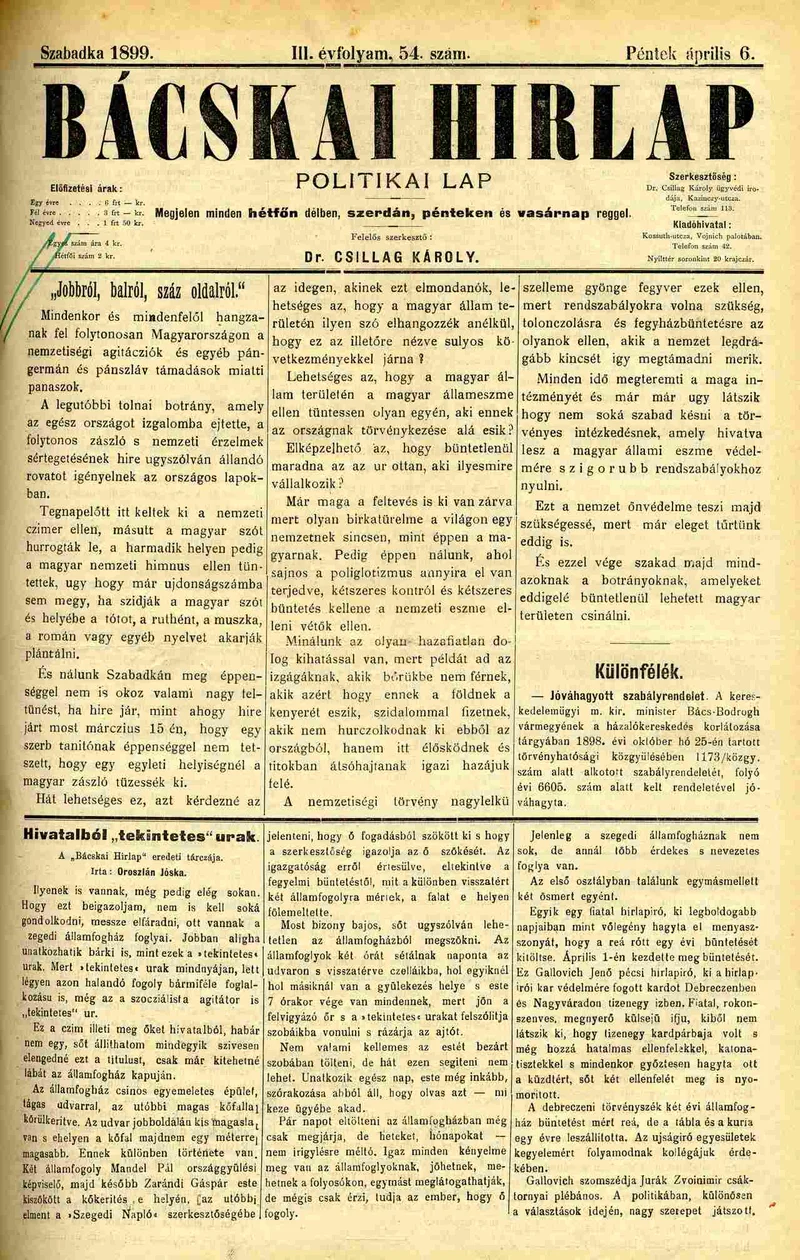 Bácskai Hirlap, 3. évf. 1899. április 6. 54. sz.