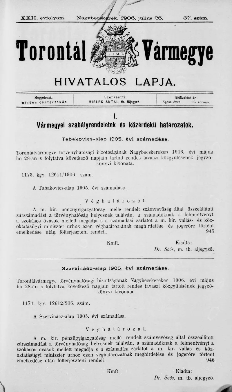 Torontál Vármegye Hivatalos Lapja, 22. évf. 1906. július 26. 37. sz.