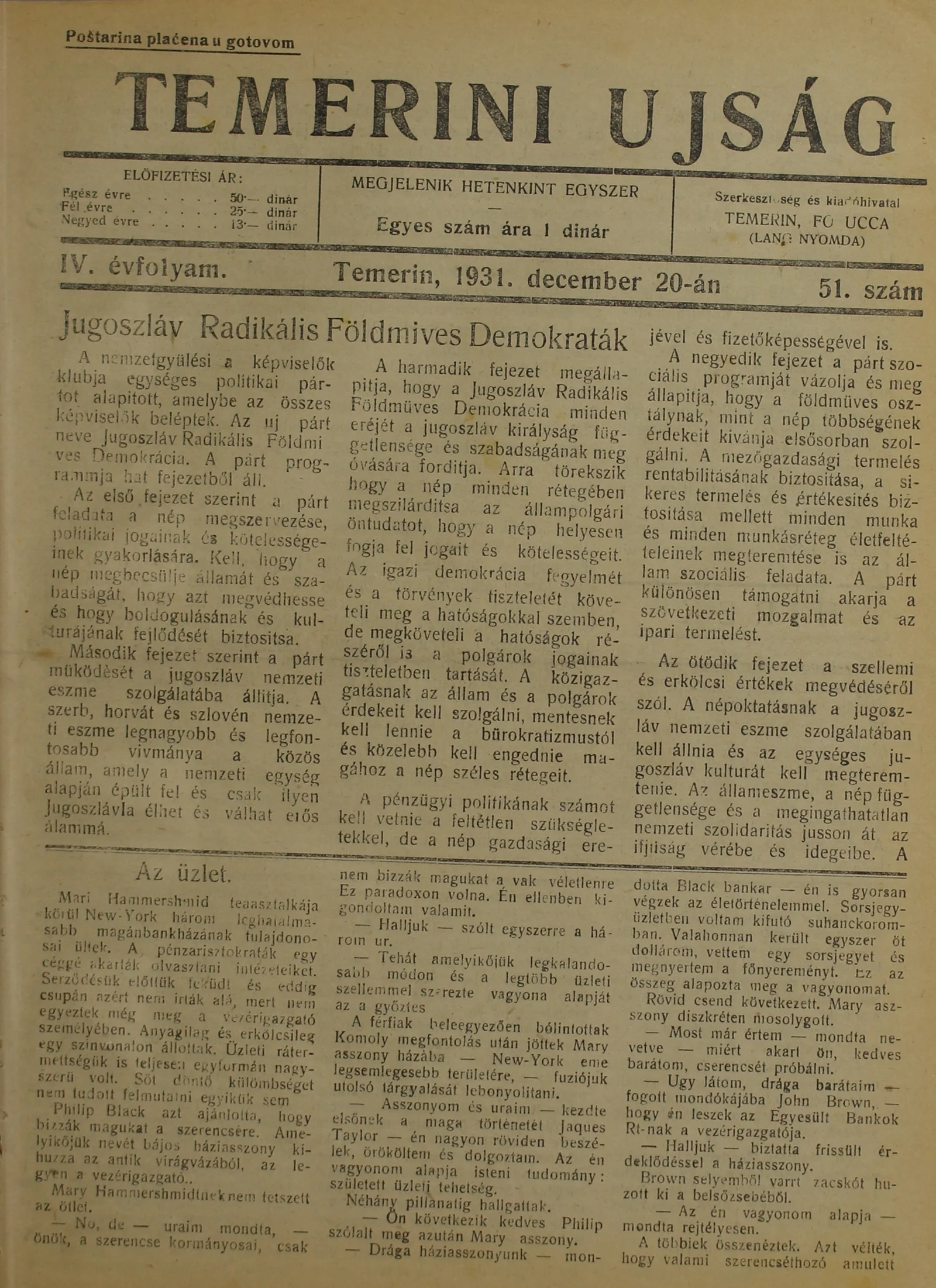 Temerini Újság 1928-1944, 4. évf. 1931. december 20. 51. sz.