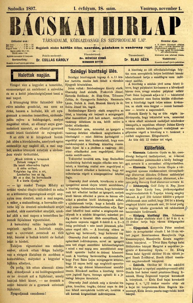 Bácskai Hirlap, 1. évf. 1897. november 1. 18. sz. 1–2. oldal