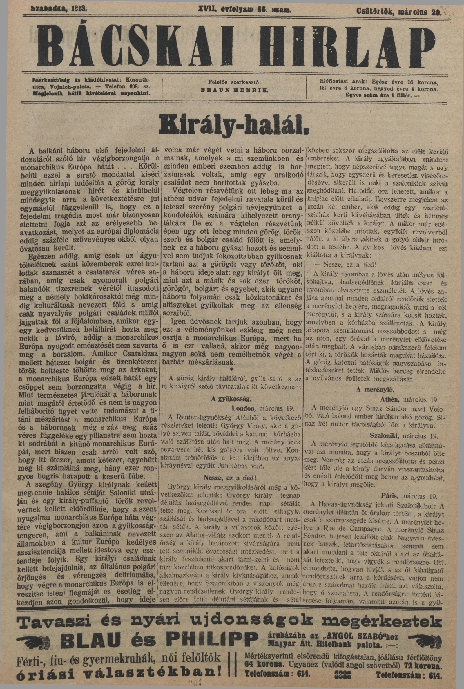 Bácskai Hirlap, 17. évf. 1913. március 20. 66. sz.