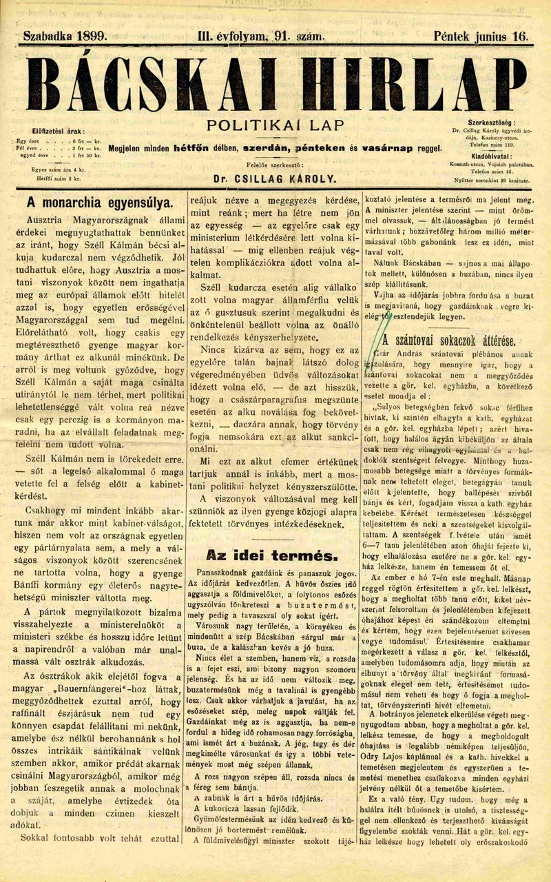 Bácskai Hirlap, 3. évf. 1899. június 16. 91. sz.