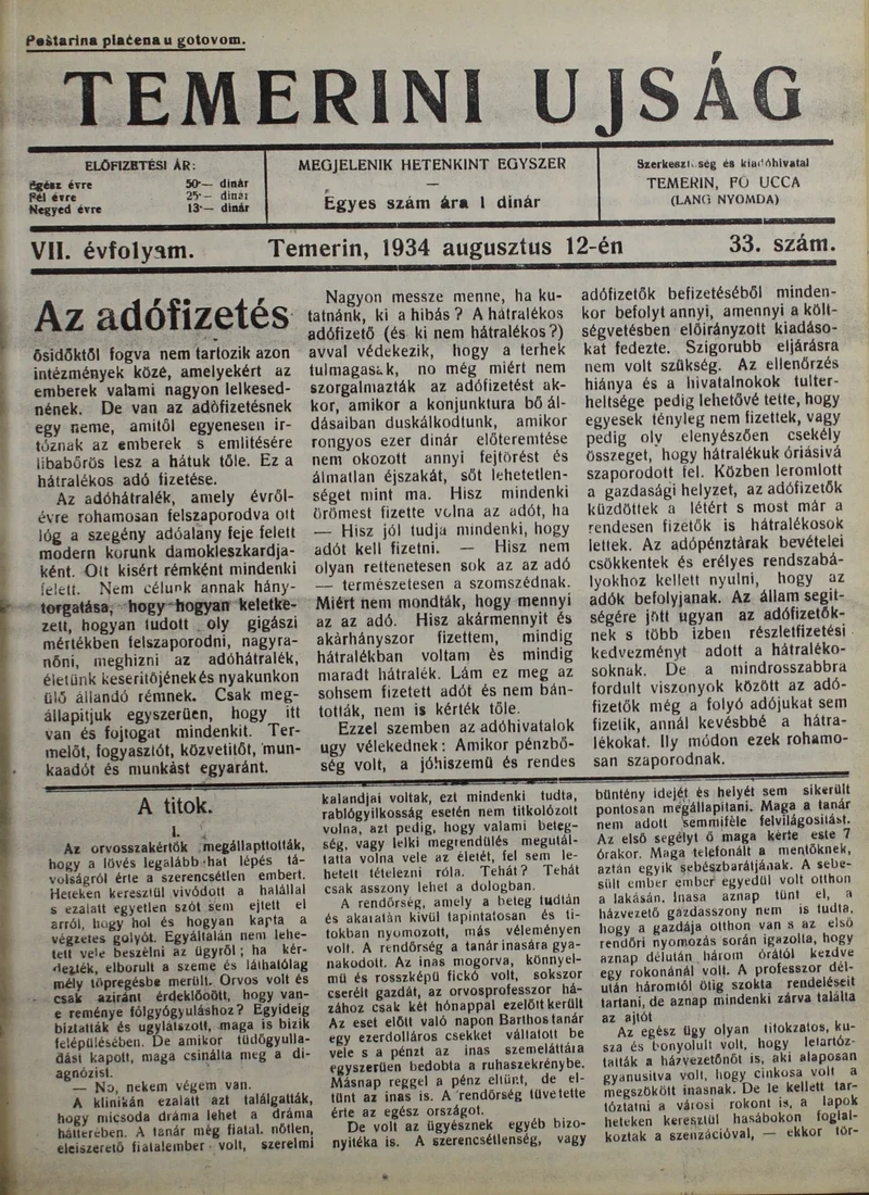 Temerini Újság 1928-1944, 7. évf. 1934. augusztus 12. 33. sz.