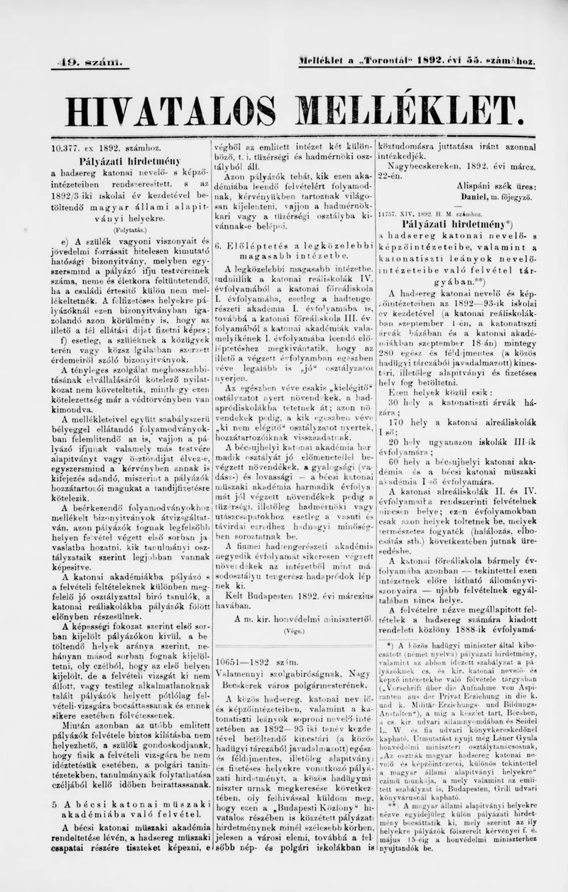 A Totontál  hivatalos melléklete, 5. évf. 1892. március 31. 49. sz.