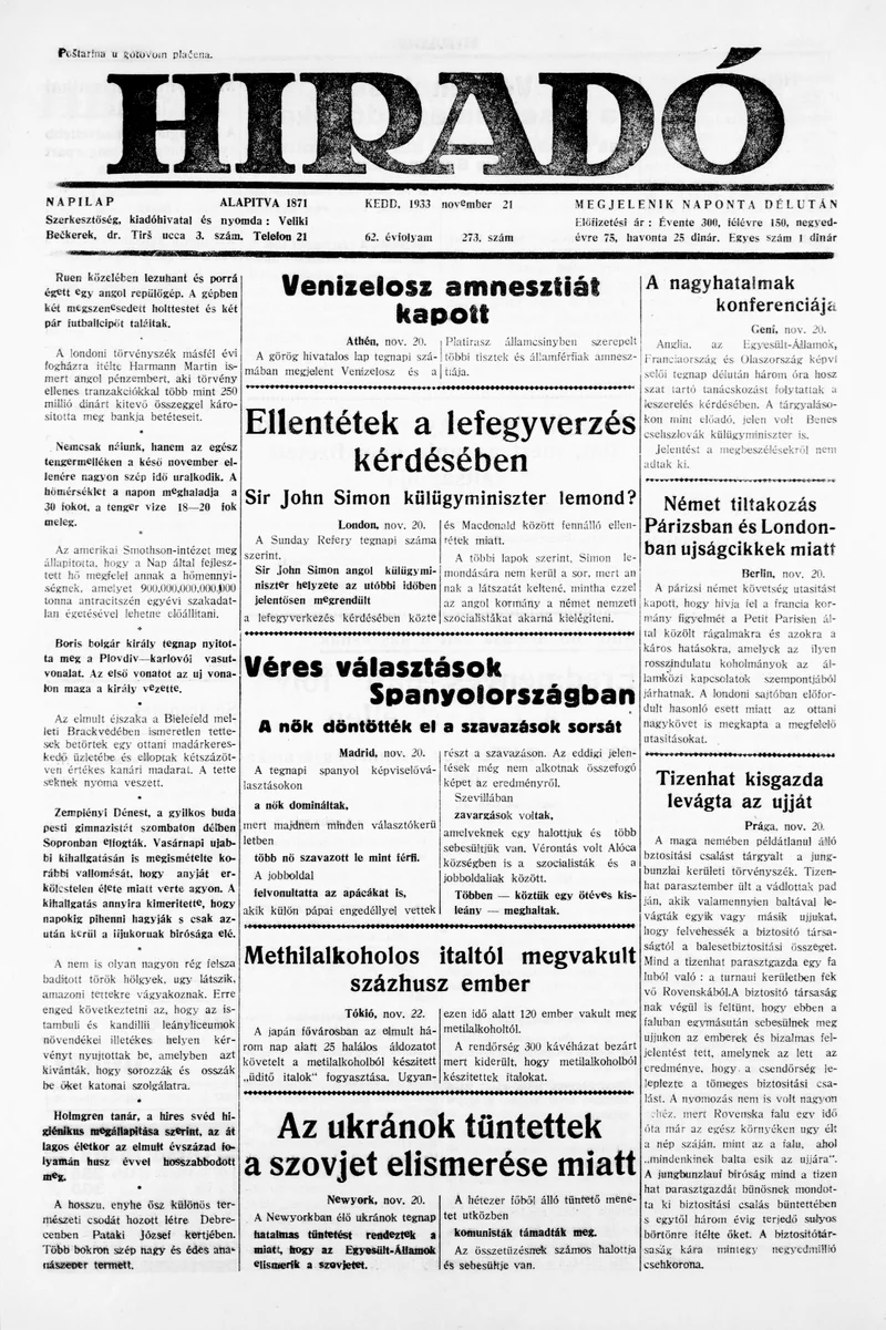 Híradó, 62. évf. 1933. november 21. 273. sz.