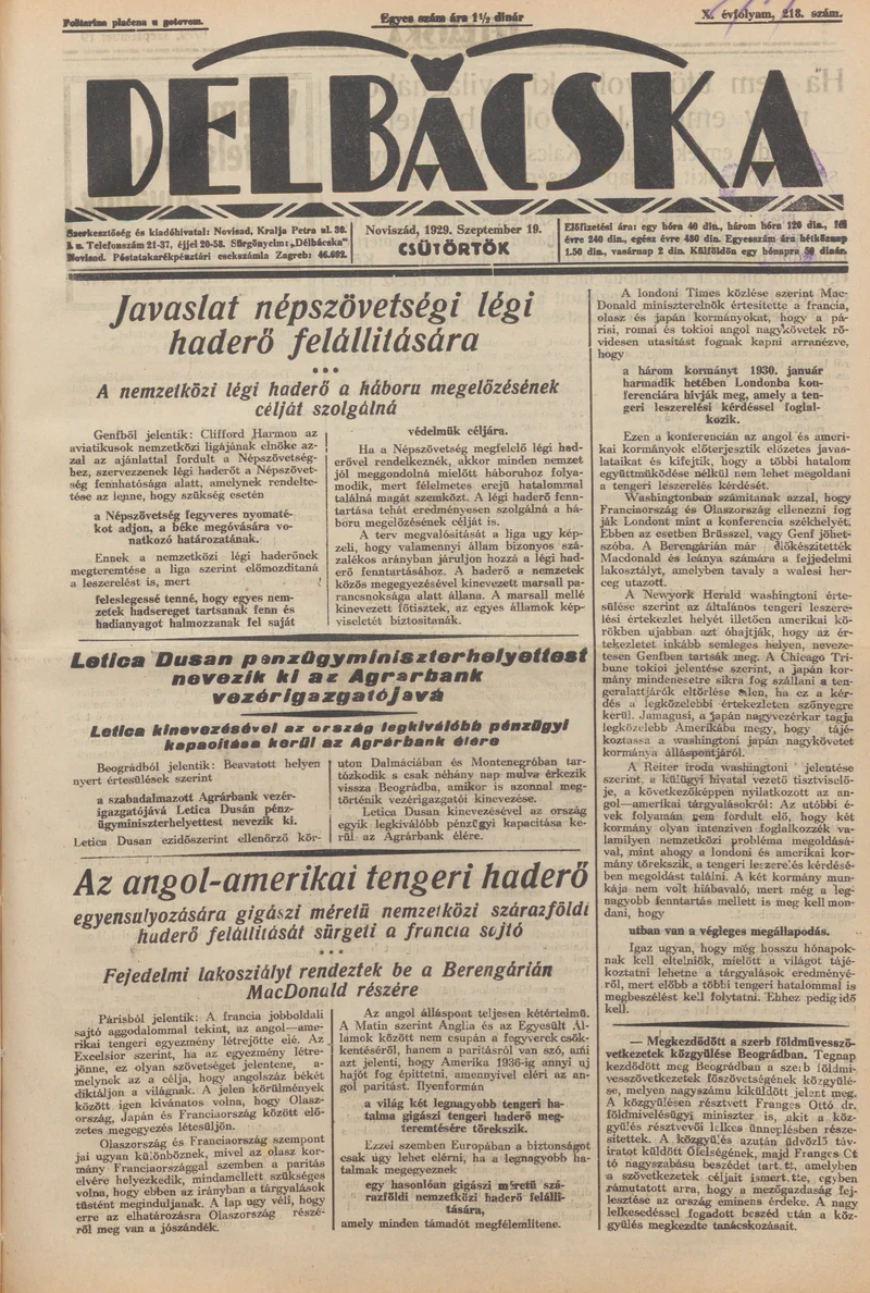 Délbácska, 10. évf. 1929. szeptember 19. 218. sz.