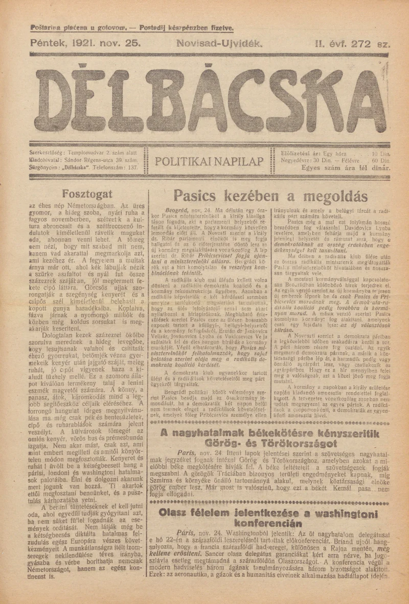 Délbácska, 2. évf. 1921. november 25. 272. sz.