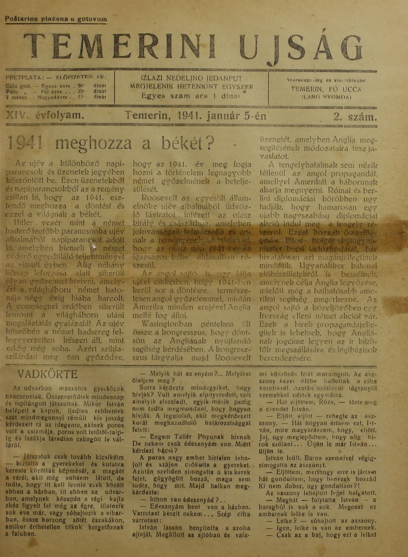 Temerini Újság 1928-1944, 14. évf. 1941. január 5. 2. sz.