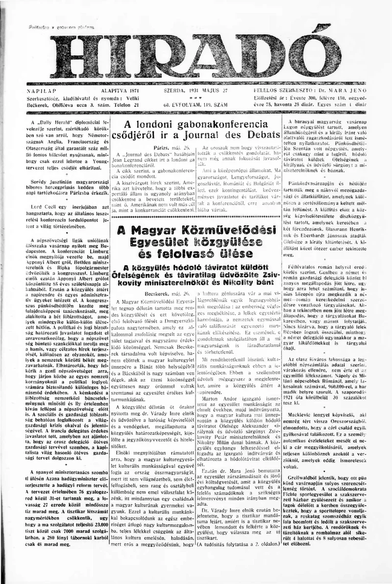 Híradó, 60. évf. 1931. május 27. 119. sz.