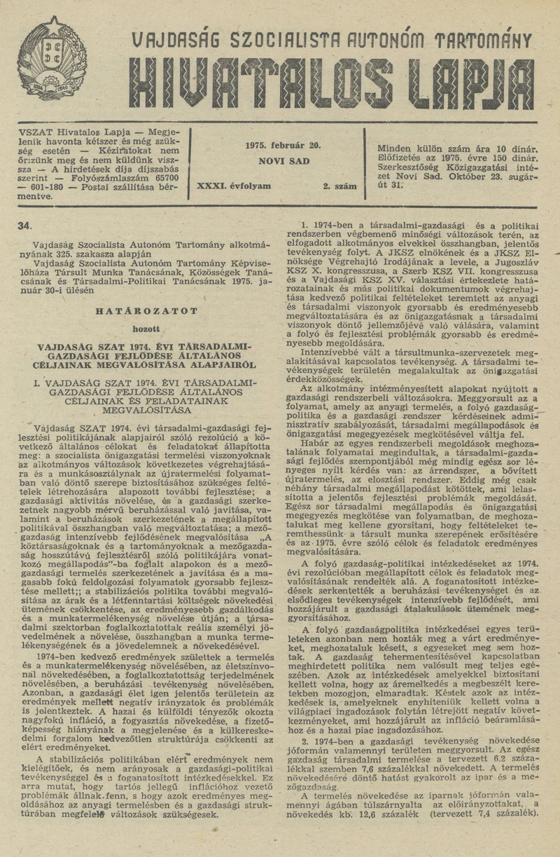 Vajdaság Szocialista Autonóm Tartomány Hivatalos Lapja, 31. évf. 1975. február 20. 2. sz. 57–80. oldal