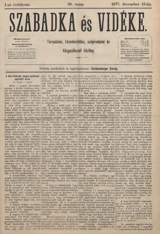 Szabadka és vidéke, 1. évf. 1877. december 13. 38. sz.