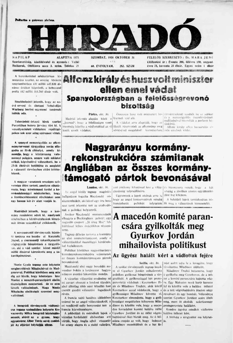 Híradó, 60. évf. 1931. október 31. 252. sz.