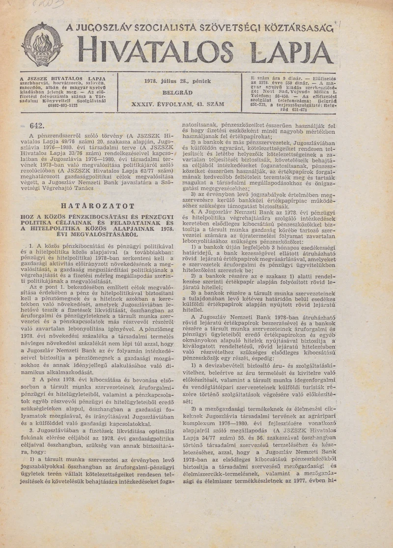 A Jugoszláv Szocialista Szövetségi Köztársaság Hivatalos Lapja, 34. évf. 1978. július 28. 43. sz. 1885–1920. oldal