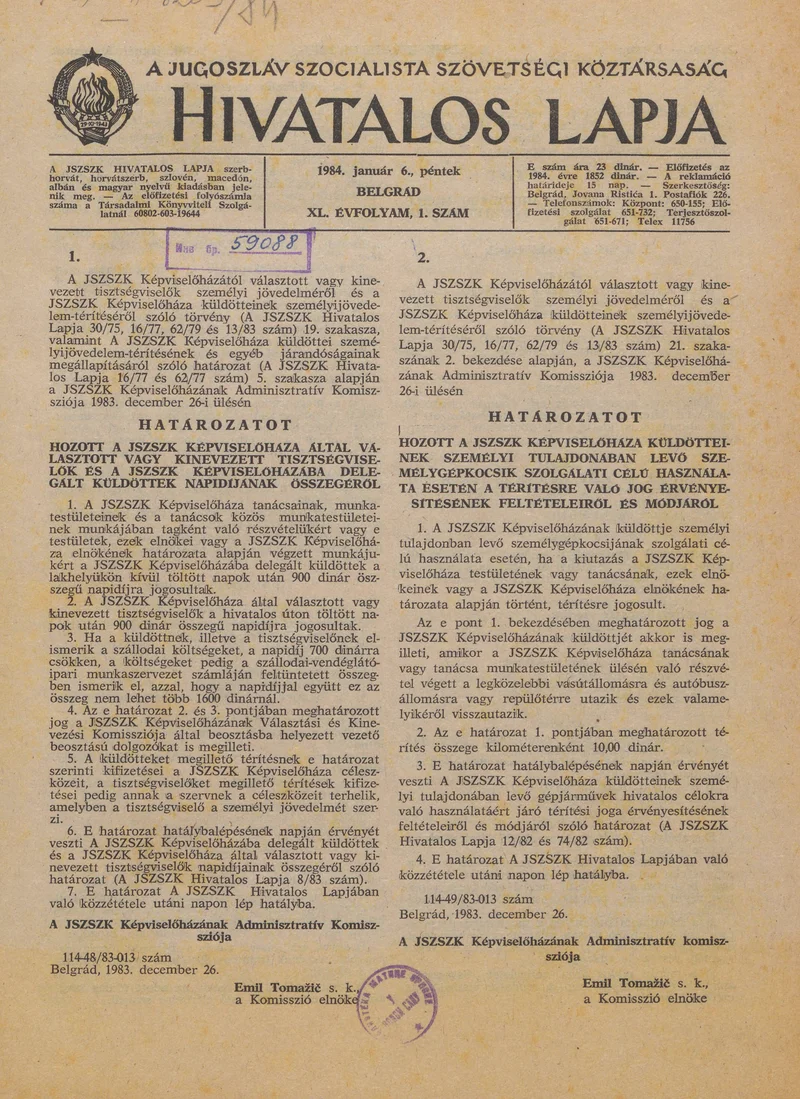 A Jugoszláv Szocialista Szövetségi Köztársaság Hivatalos Lapja, 40. évf. 1984. január 6. 1. sz. 1–28. oldal