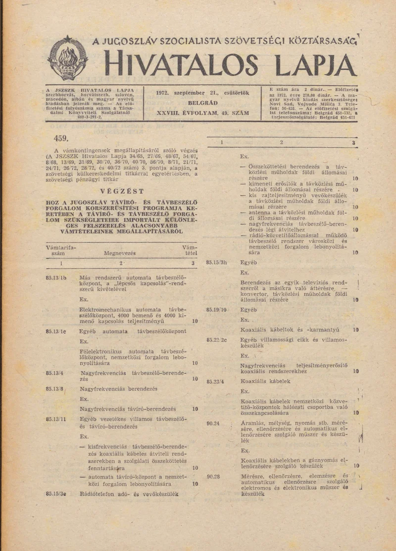 A Jugoszláv Szocialista Szövetségi Köztársaság Hivatalos Lapja, 28. évf. 1972. szeptember 21. 49. sz. 977–980. oldal