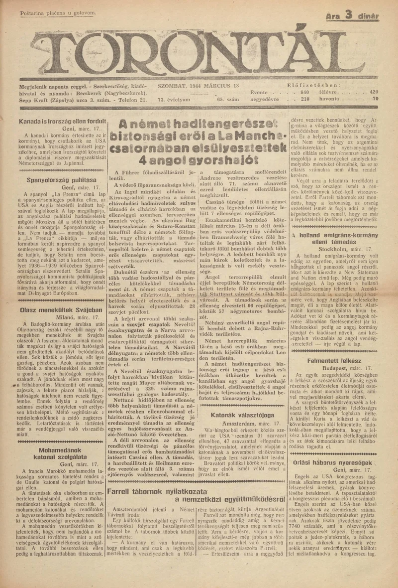 Torontál, 73. évf. 1944. március 18. 65. sz.