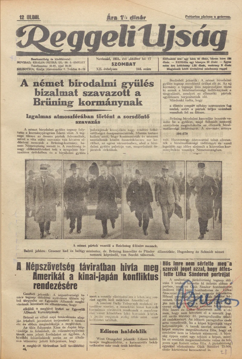 Reggeli Újság, 12. évf. 1931. október 17. 244. sz.