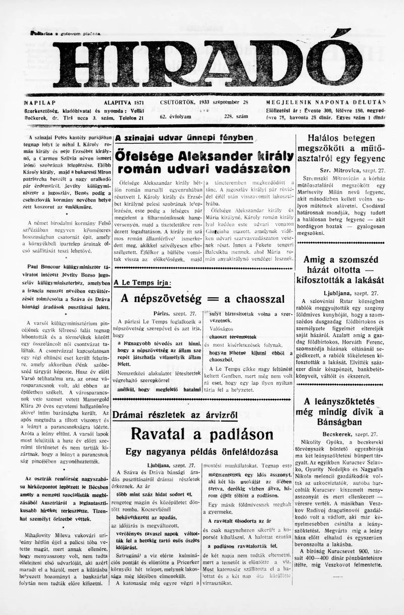 Híradó, 62. évf. 1933. szeptember 28. 228. sz.