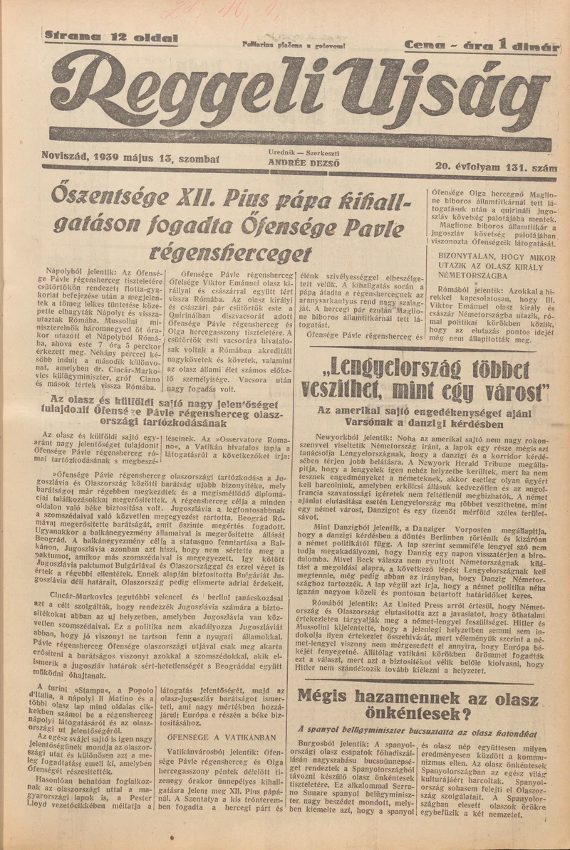 Reggeli Újság, 20. évf. 1939. május 13. 131. sz.