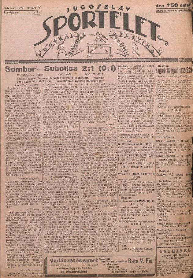 Jugoszláv sportélet, 1. évf. 1922. október 9. 11. sz.