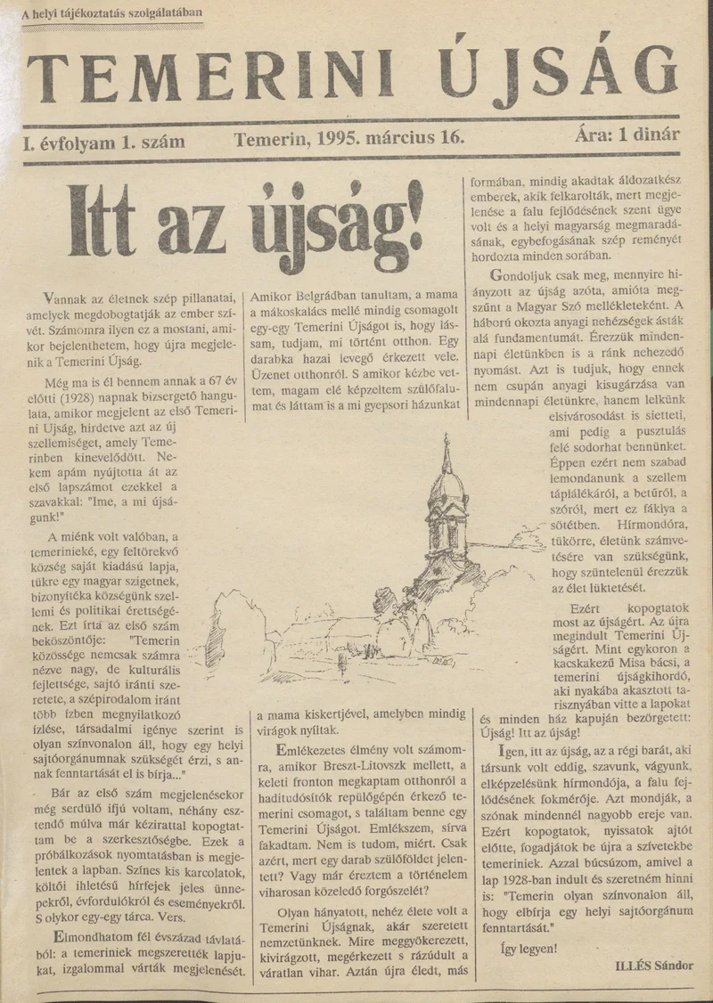 Temerini Újság, 1. évf. 1995. március 16. 1. sz.