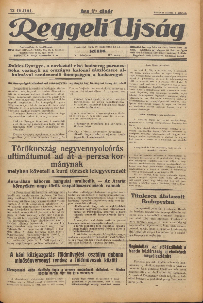 Reggeli Újság, 11. évf. 1930. augusztus 13. 187. sz.