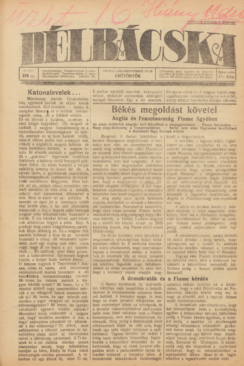 Délbácska, 4. évf. 1923. szeptember 20. 216. sz.