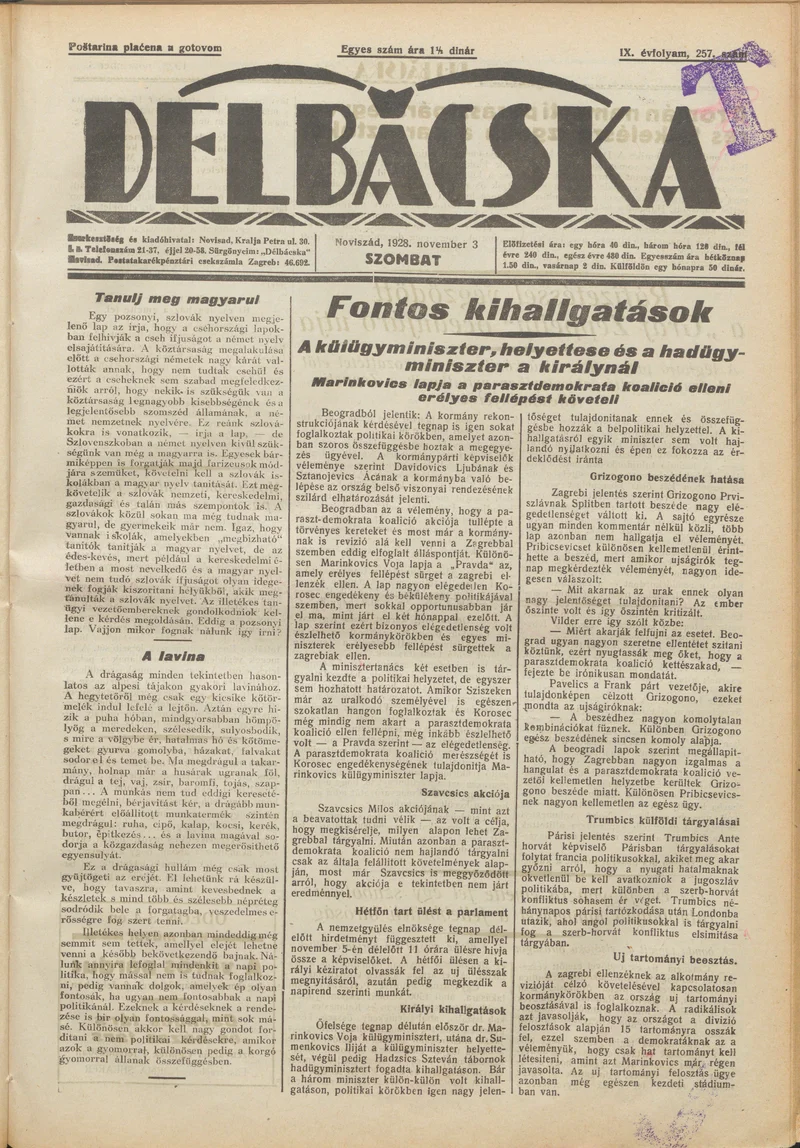 Délbácska, 9. évf. 1928. november 3. 257. sz.