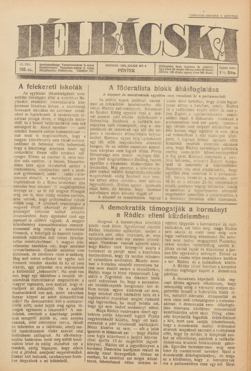 Délbácska, 4. évf. 1923. július 6. 152. sz.
