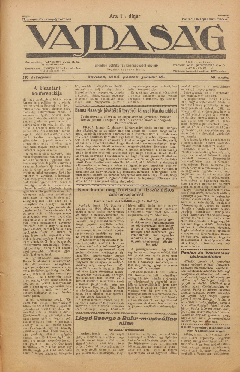 Vajdaság, 4. évf. 1924. január 18. 14. sz.