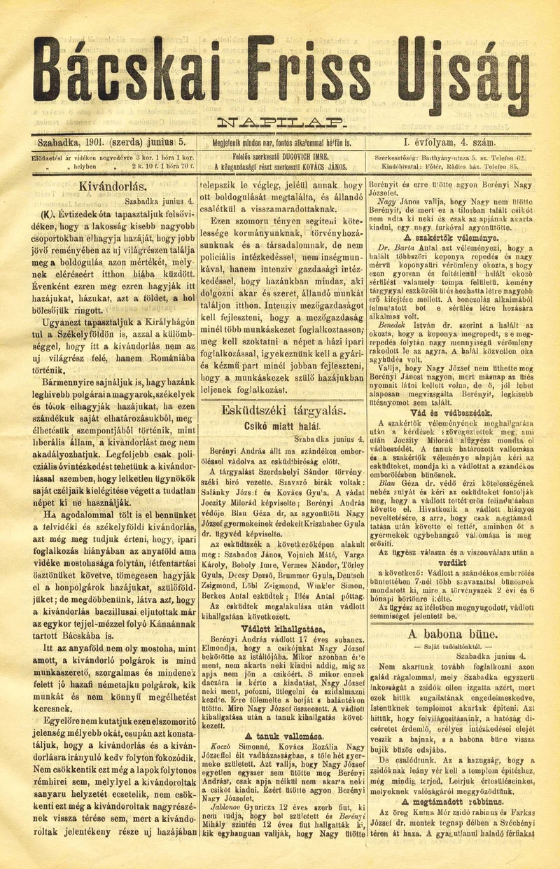 Bácskai Friss Ujság, 1. évf. 1901. június 5. 4. sz.