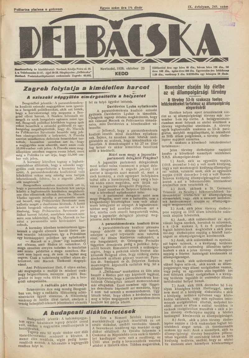 Délbácska, 9. évf. 1928. október 23. 248. sz.