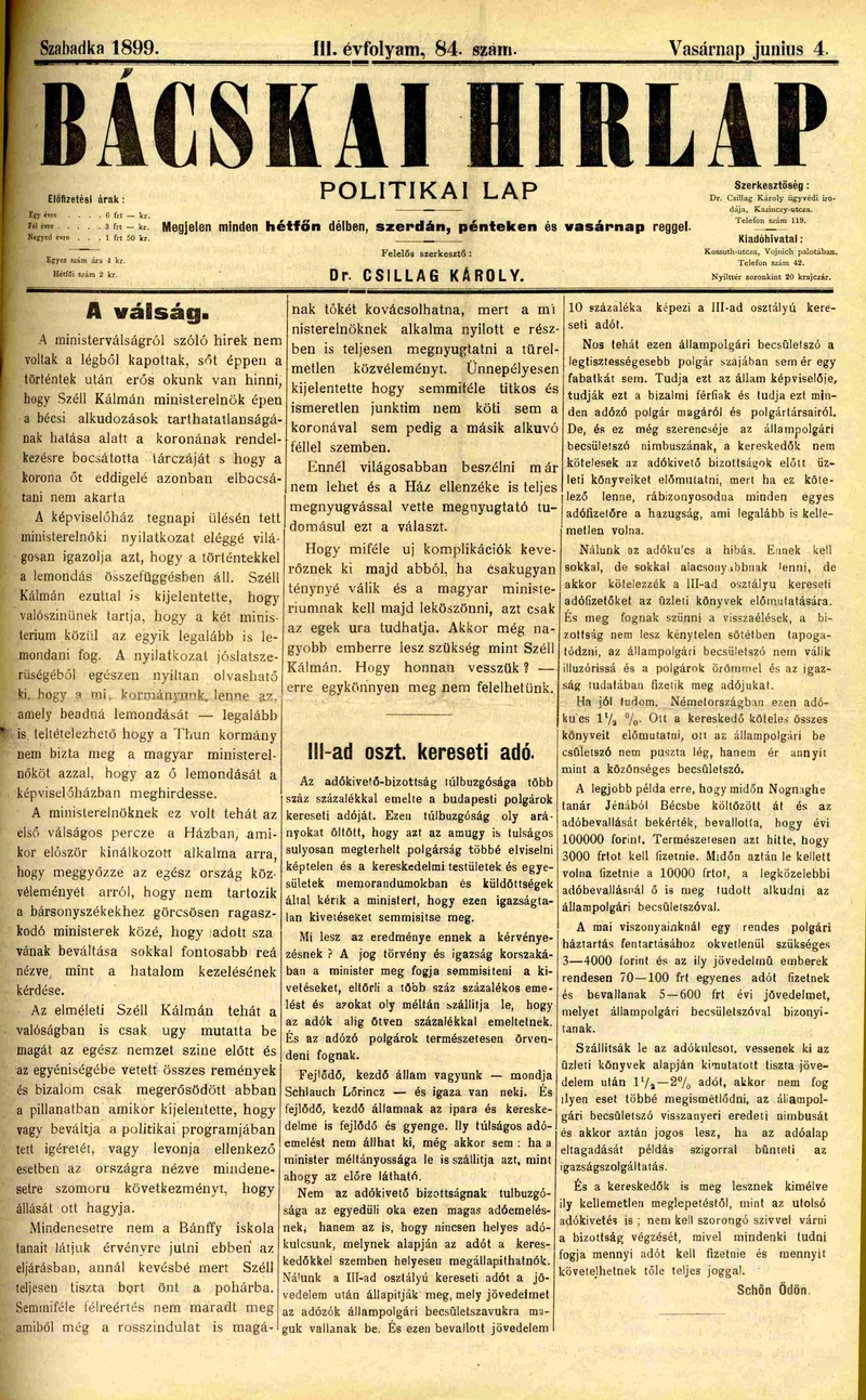Bácskai Hirlap, 3. évf. 1899. június 4. 84. sz.