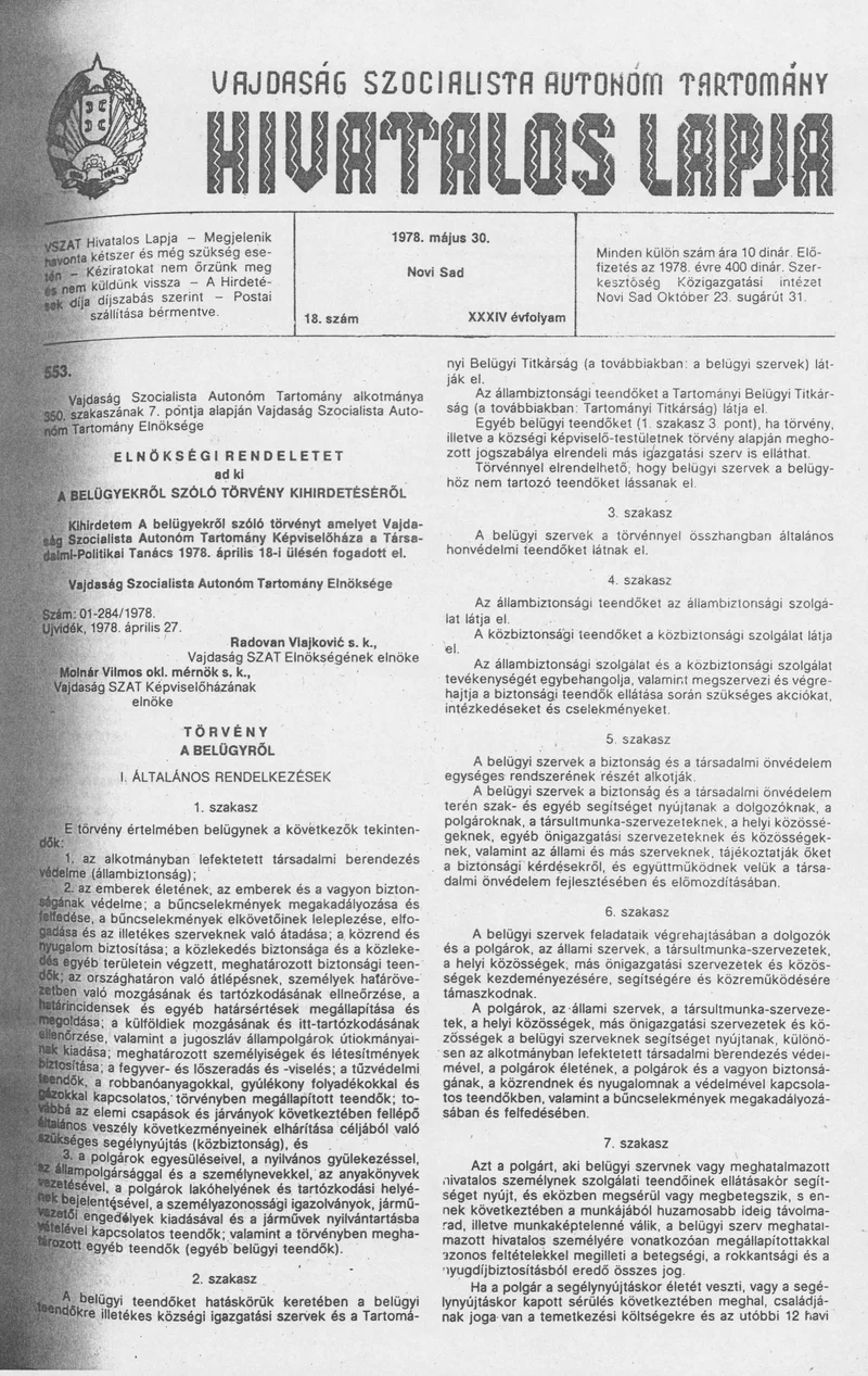Vajdaság Szocialista Autonóm Tartomány Hivatalos Lapja, 34. évf. 1978. május 30. 18. sz. 749–780. oldal