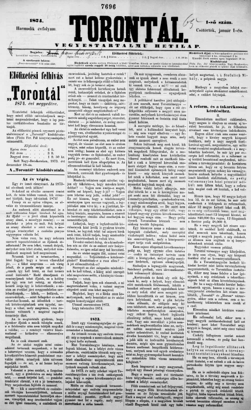 Torontál, 3. évf. 1874. január 1. 1. sz.