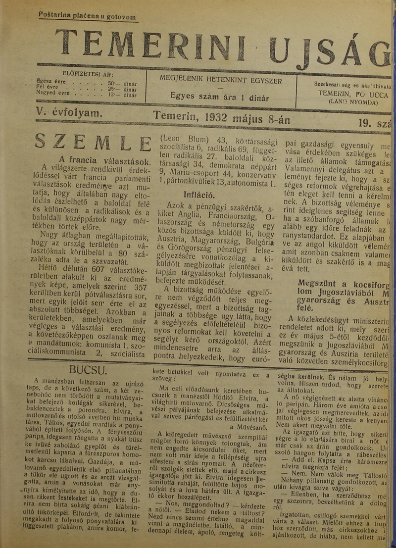 Temerini Újság 1928-1944, 5. évf. 1932. május 8. 19. sz.