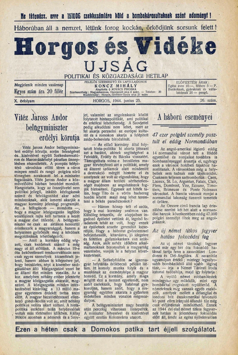 Horgos és vidéke, 9. évf. 1944. június 25. 26. sz.