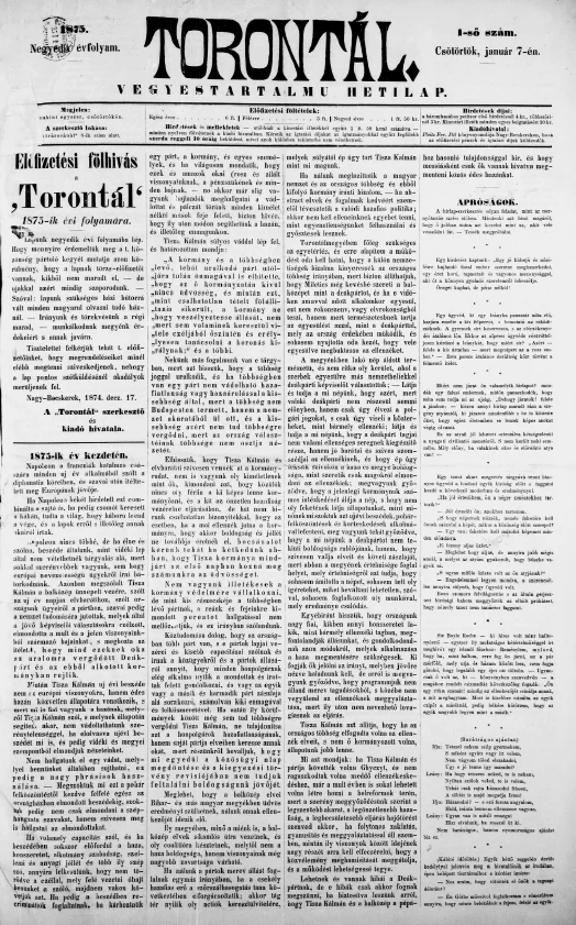 Torontál, 4. évf. 1875. január 7. 1. sz.