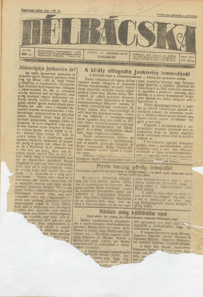 Délbácska, 4. évf. 1923. december 30. 298. sz.