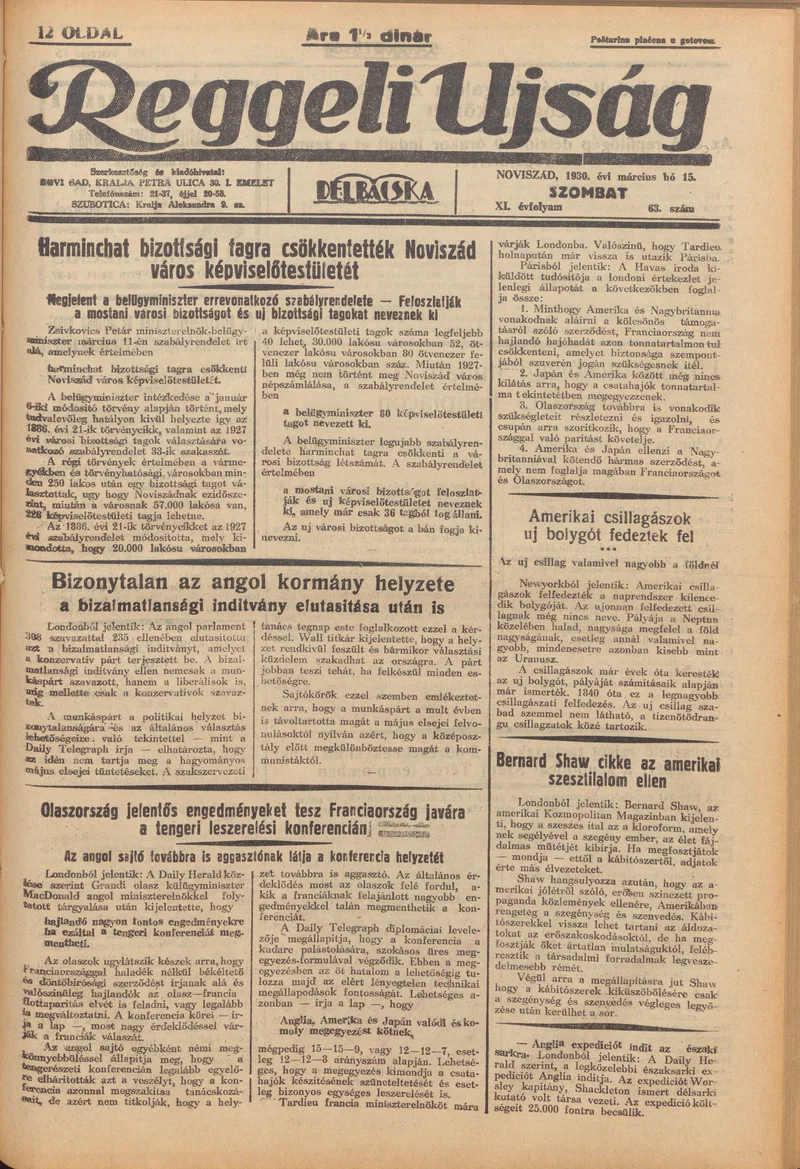 Reggeli Újság, 11. évf. 1930. március 15. 63. sz.