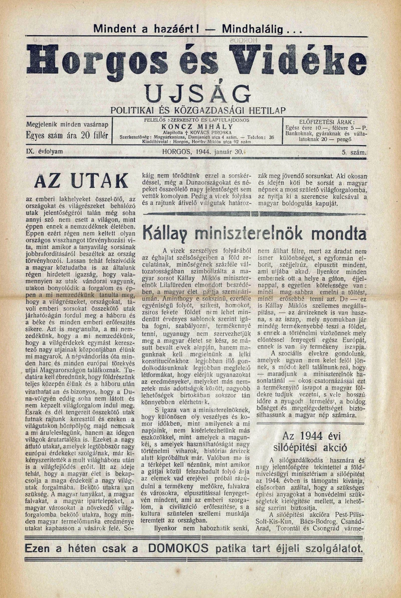 Horgos és vidéke, 9. évf. 1944. január 30. 5. sz.